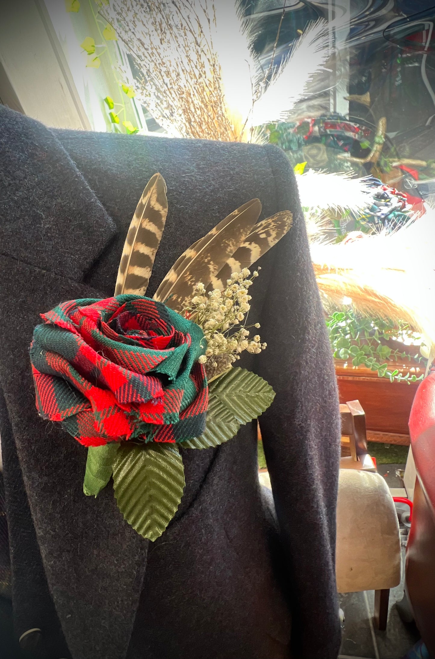 Tartan rose and pheasant feather buttonhole