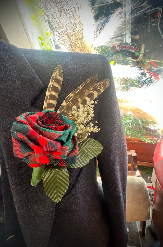 Tartan rose and pheasant feather buttonhole